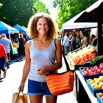 **A vibrant outdoor market scene where a mindful consumer, holding a stylish reusable tote bag and a glass jar, thoughtfully chooses fresh, local produce. Sunlight streams through, highlighting the colorful array of fruits and vegetables. The atmosphere is one of community, sustainable living, and making empowered choices for a better planet. Focus on natural textures and a positive, engaged expression.**