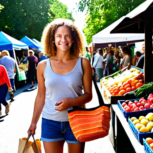 Home 11 **A vibrant outdoor market scene where a mindful consumer, holding a stylish reusable tote bag and a glass jar, thoughtfully chooses fresh, local produce. Sunlight streams through, highlighting the colorful array of fruits and vegetables. The atmosphere is one of community, sustainable living, and making empowered choices for a better planet. Focus on natural textures and a positive, engaged expression.**