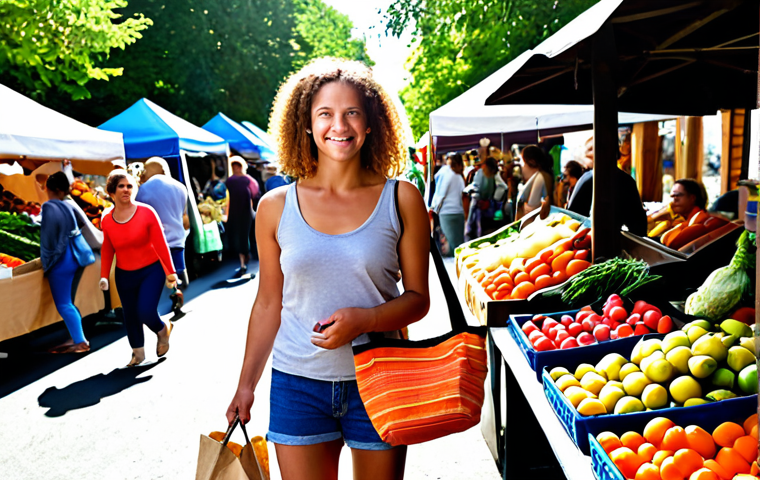 **A vibrant outdoor market scene where a mindful consumer, holding a stylish reusable tote bag and a glass jar, thoughtfully chooses fresh, local produce. Sunlight streams through, highlighting the colorful array of fruits and vegetables. The atmosphere is one of community, sustainable living, and making empowered choices for a better planet. Focus on natural textures and a positive, engaged expression.**