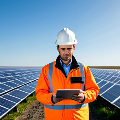 Home 6 A professional renewable energy engineer, fully clothed in a modest, technical work jacket and durable pants, standing confidently in a vast solar panel field under a bright, clear sky. They are holding a tablet, observing the setup with a focused, intelligent expression. The setting is a modern, clean energy installation, bathed in natural daylight. Professional photography, high detail, realistic, cinematic lighting, perfect anatomy, correct proportions, natural pose, well-formed hands, proper finger count. safe for work, appropriate content, fully clothed, professional, modest clothing.