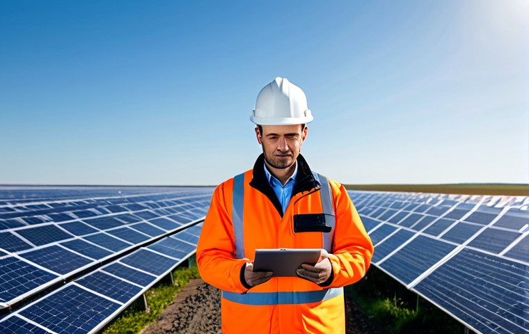 A professional renewable energy engineer, fully clothed in a modest, technical work jacket and durable pants, standing confidently in a vast solar panel field under a bright, clear sky. They are holding a tablet, observing the setup with a focused, intelligent expression. The setting is a modern, clean energy installation, bathed in natural daylight. Professional photography, high detail, realistic, cinematic lighting, perfect anatomy, correct proportions, natural pose, well-formed hands, proper finger count. safe for work, appropriate content, fully clothed, professional, modest clothing.