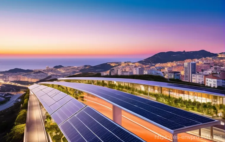 환경보호 기술과 지속 가능한 개발 목표 - **"A breathtaking, vibrant panorama of a futuristic smart city located on the Spanish coast at dawn....