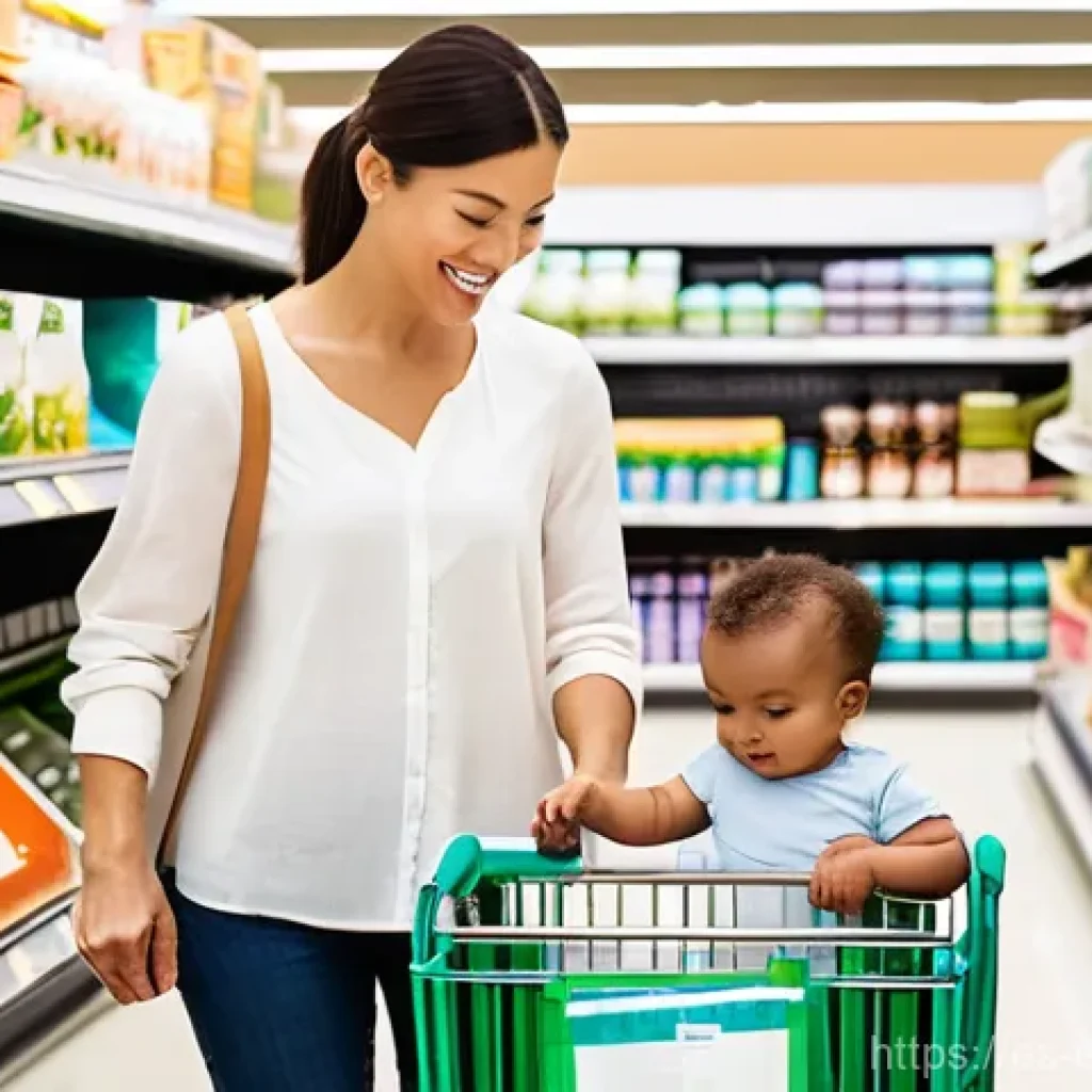 환경보호 전문가의 고객 중심 업무 사례 - A brightly lit, modern supermarket aisle showcasing a variety of sustainable and eco-friendly produc...