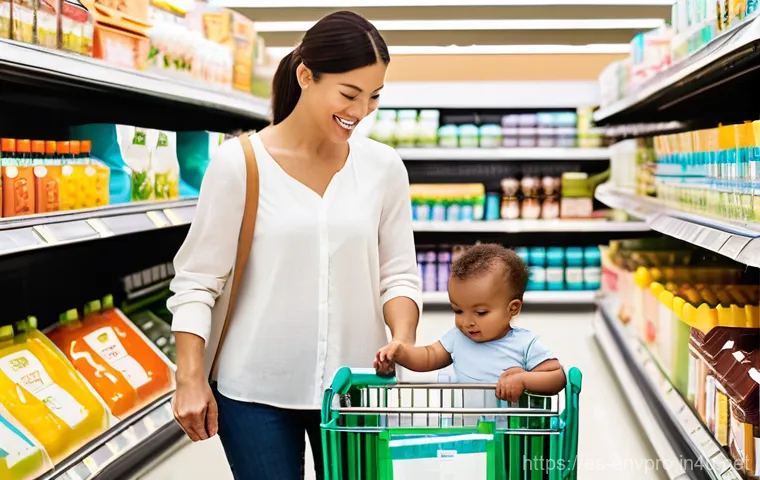 환경보호 전문가의 고객 중심 업무 사례 - A brightly lit, modern supermarket aisle showcasing a variety of sustainable and eco-friendly produc...