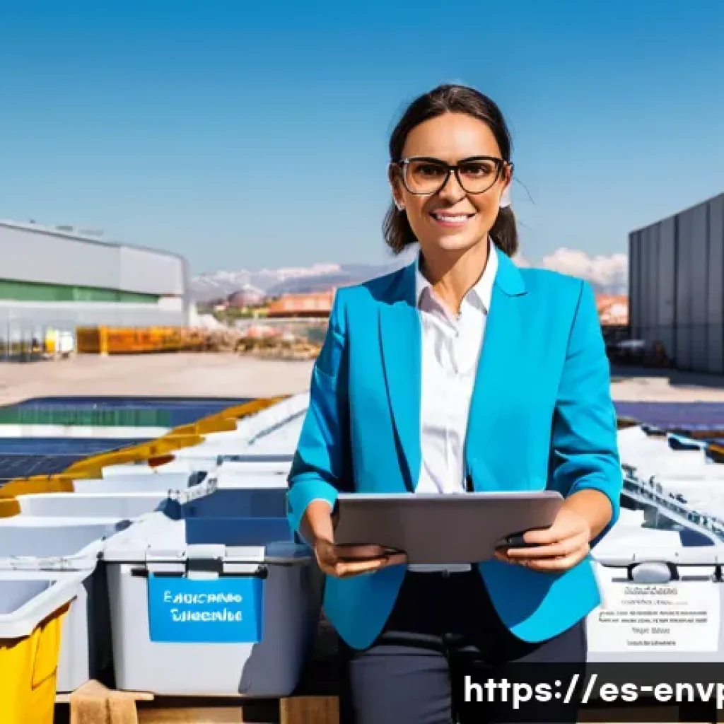 환경 관련 커리어 전환 방법 - A professional woman wearing business casual attire and safety glasses, standing confidently in an u...