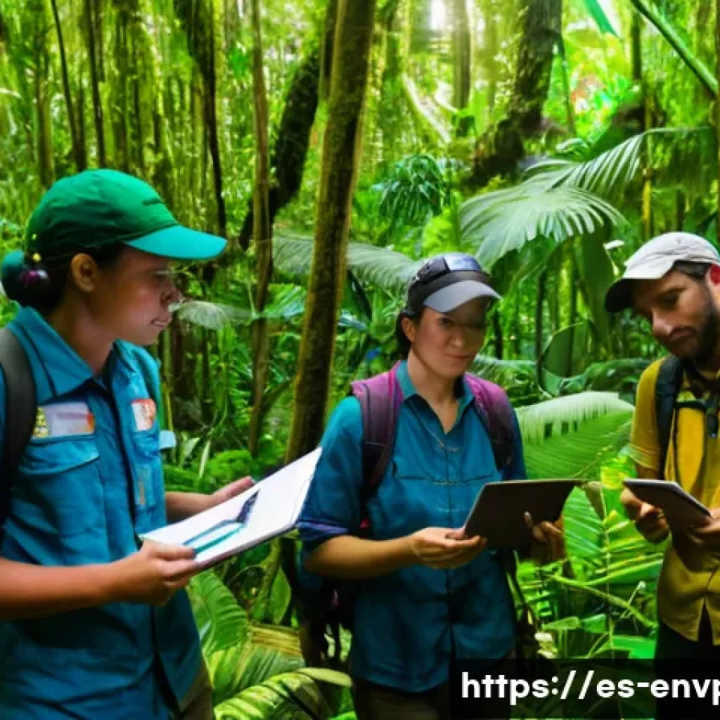 환경보호 관련 해외 취업 정보 - A diverse team of environmental professionals working in a lush tropical rainforest conservation pro...