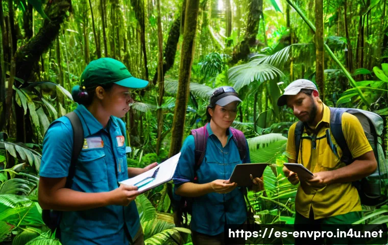환경보호 관련 해외 취업 정보 - A diverse team of environmental professionals working in a lush tropical rainforest conservation pro...