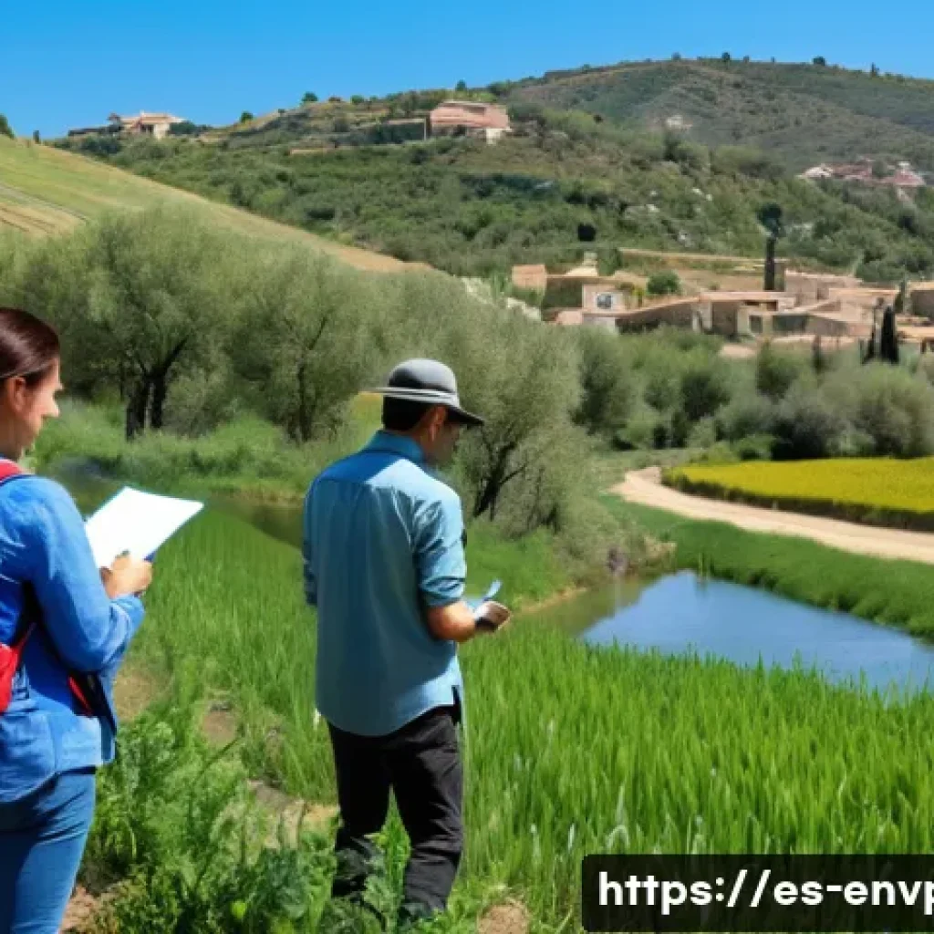 환경영향평가 보고서 작성법 - A detailed scene of an environmental impact assessment team conducting a field visit in a Spanish ru...