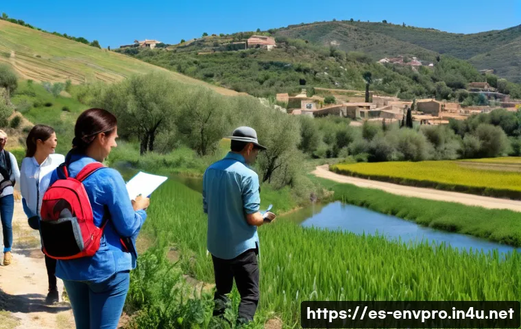 환경영향평가 보고서 작성법 - A detailed scene of an environmental impact assessment team conducting a field visit in a Spanish ru...