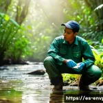 환경보호전문가의 일상 루틴 - An early morning scene of a Latin American environmental guardian in a lush forest, wearing practica...