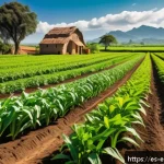 환경보호 실습에서 배우는 현장 기술 - A vibrant rural farm scene showcasing crop rotation: alternating rows of maize and various leguminou...