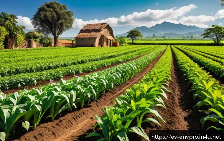 환경보호 실습에서 배우는 현장 기술 - A vibrant rural farm scene showcasing crop rotation: alternating rows of maize and various leguminou...