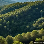 환경보호와 AI 기술 융합 사례 - A detailed aerial view of a lush Mediterranean forest in Spain equipped with a dense network of smar...