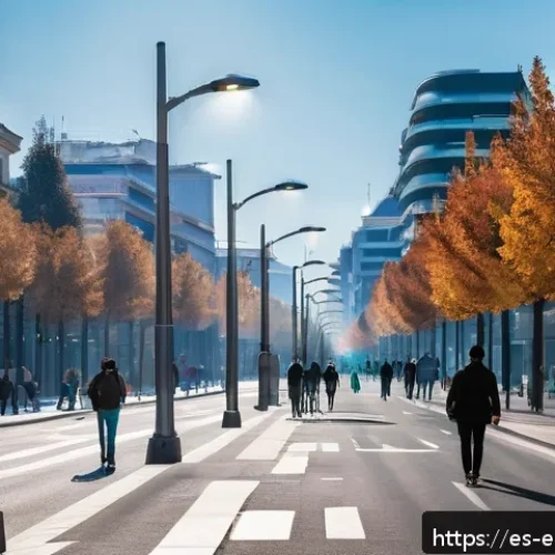 환경보호 직무와 빅데이터 활용 - A detailed urban scene in Madrid featuring a network of IoT air quality sensors mounted on modern st...