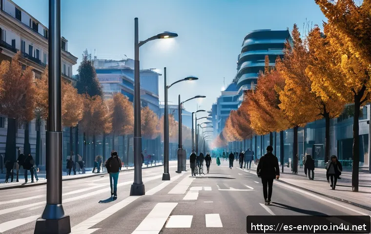 환경보호 직무와 빅데이터 활용 - A detailed urban scene in Madrid featuring a network of IoT air quality sensors mounted on modern st...