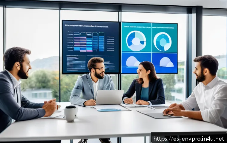 환경보호 컨설팅 회사 소개 - A modern office environment in a Spanish-speaking country, featuring a diverse team of professionals...