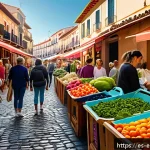 환경보호 실습 현장 경험 - A vibrant community scene in a Spanish local market where diverse people are actively using reusable...