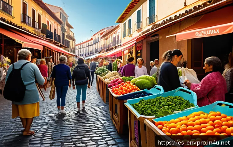 환경보호 실습 현장 경험 - A vibrant community scene in a Spanish local market where diverse people are actively using reusable...