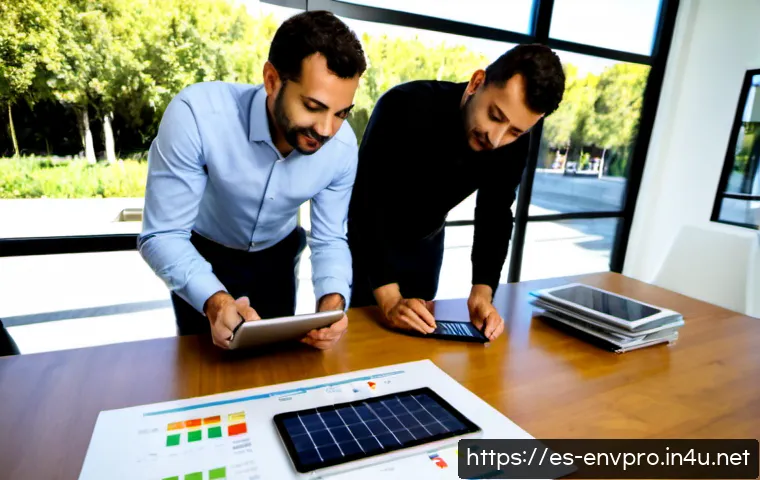 환경보호 직무와 경제적 가치 분석 - Photorealistic environmental consultant in a bright modern office in Madrid, Spain, reviewing a sola...